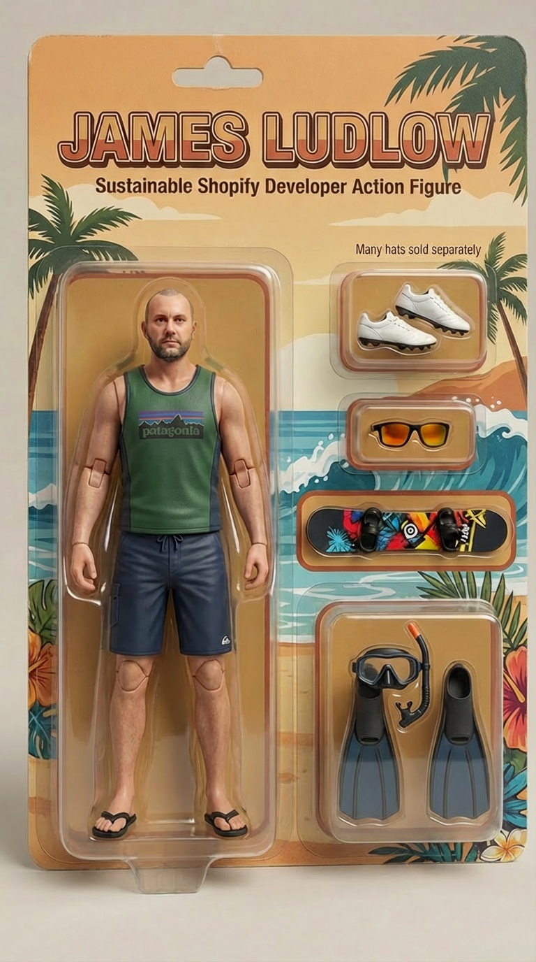 James Ludlow - Sustainable Shopify Developer Action Figure with accessories including sneakers, sunglasses, skateboard, and snorkeling gear. Many hats sold separately.