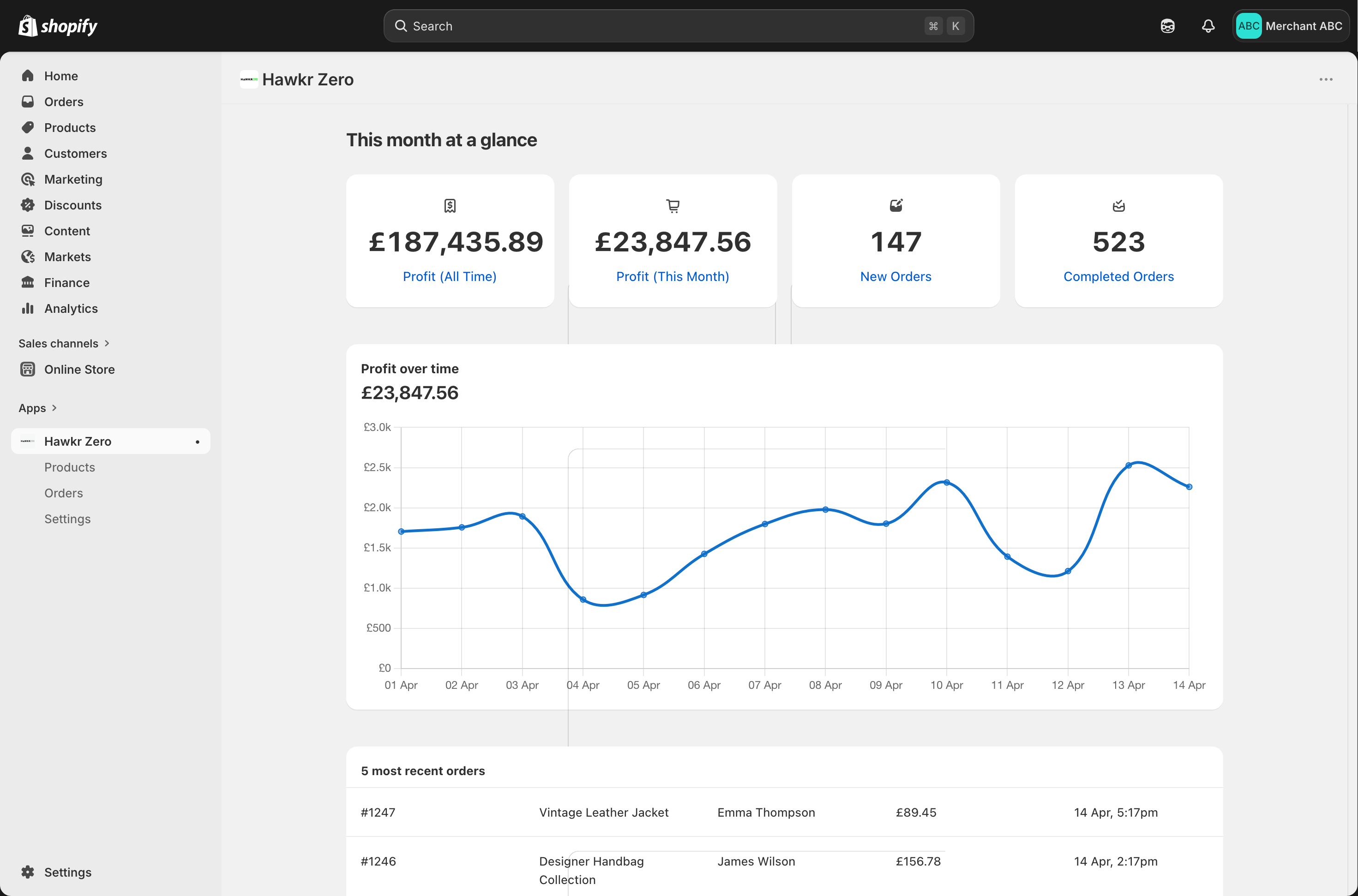 Hawkr Zero dashboard inside Shopify admin, showing the artist's current orders, commission split, and carbon impact at a glance.
